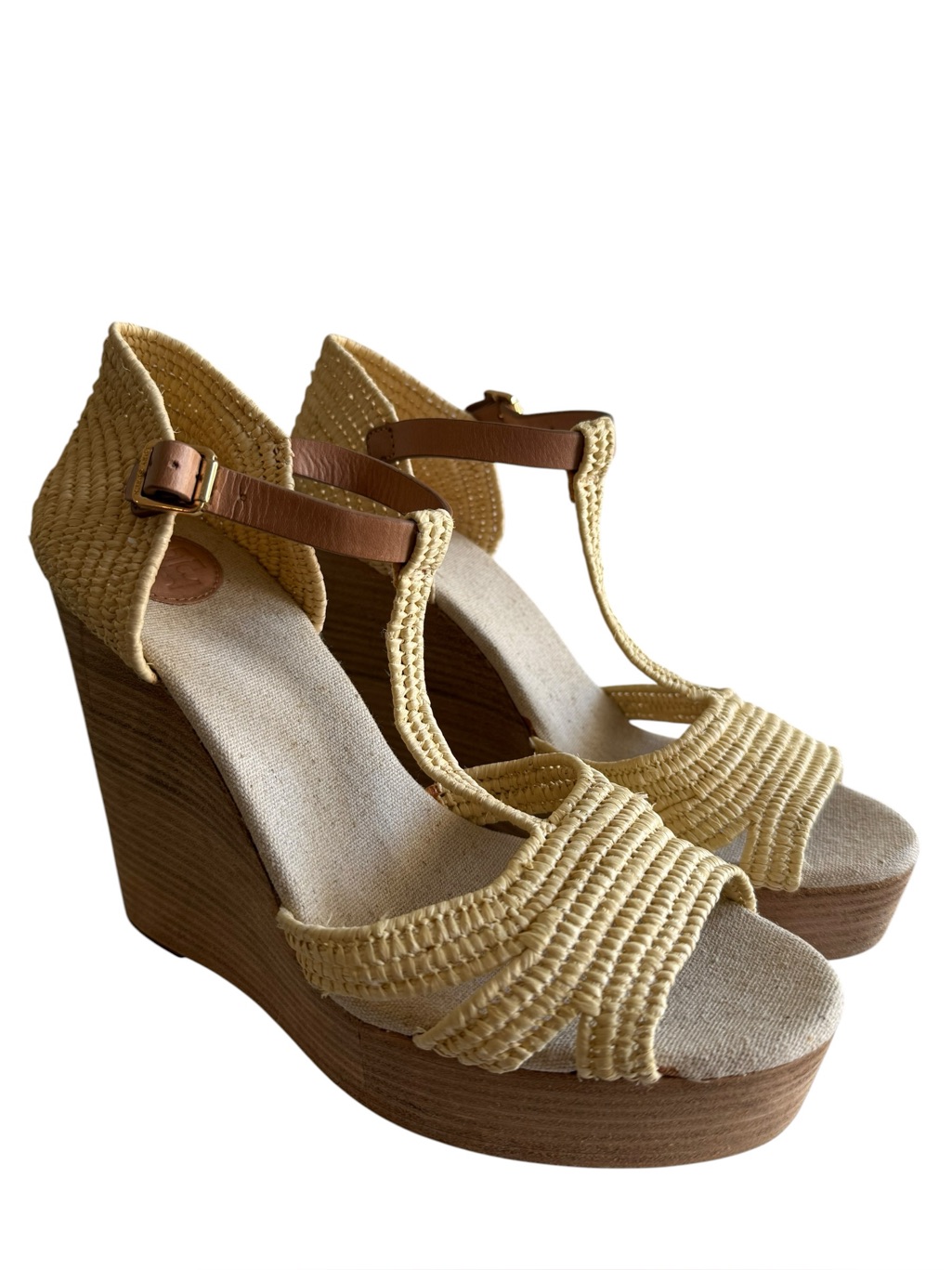 Tory Burch Carina Macrame Raffia Platform Wedge Sandals Neutral Tan Size 10m